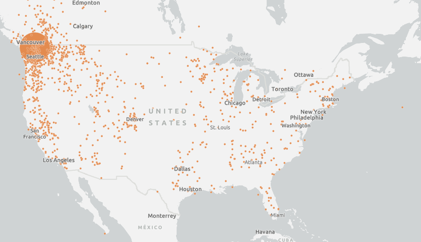 A U.S. map with orange dots marking waterways Bellingham boat have been to