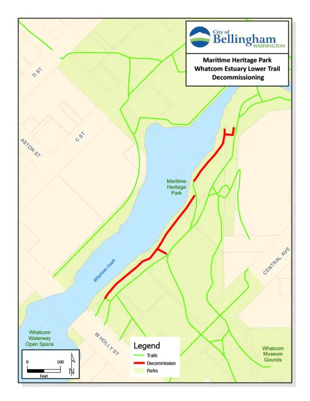 A map indicating most of the lower trail at Maritime Heritage Park will be decommissioned. 