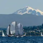 Sailboats on the bay with Mount Baker in the background.