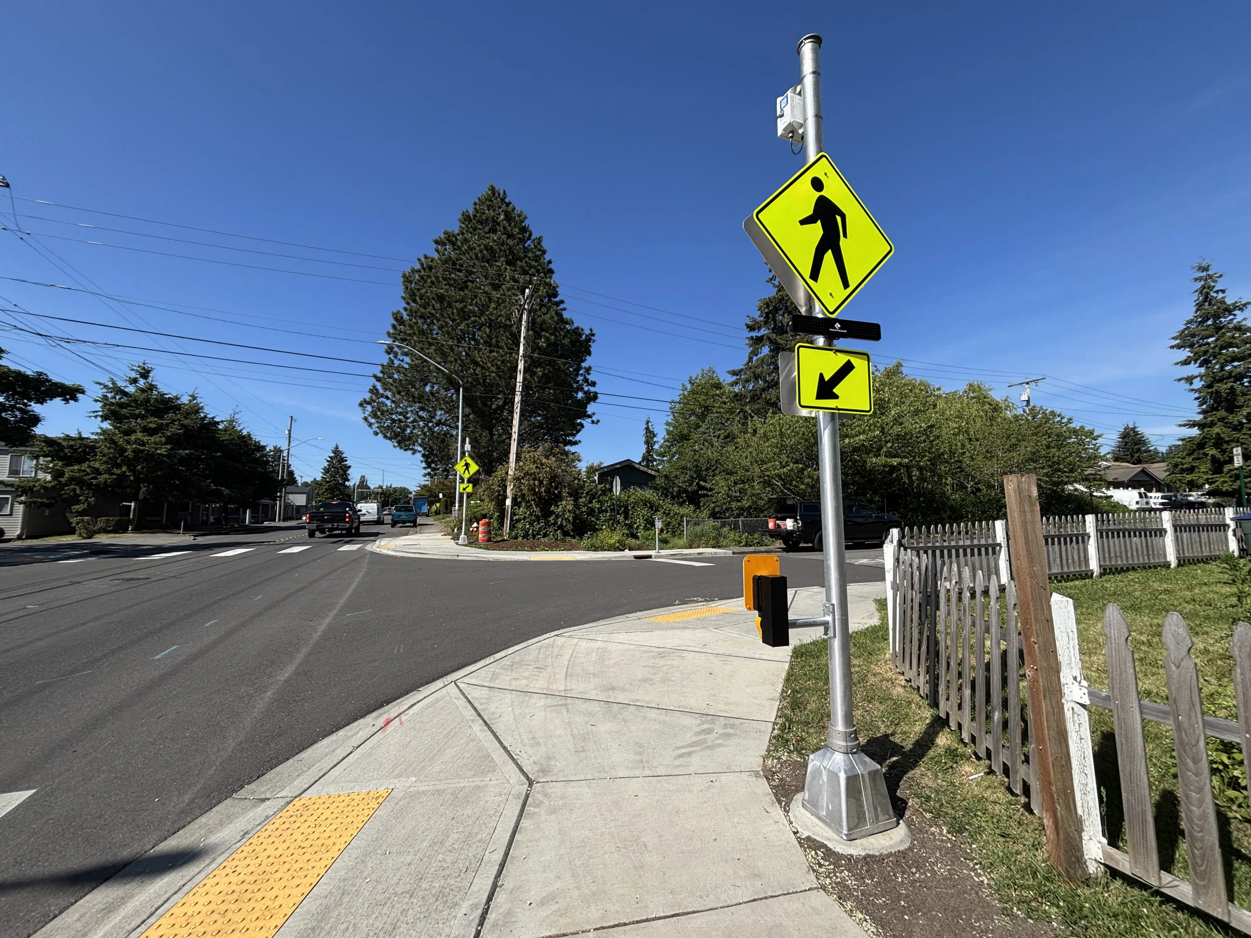 An intersection with pedestrian crossing infrastructure