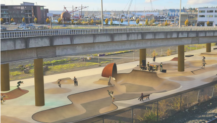 A rendering of a large skatepark under an overpass bridge