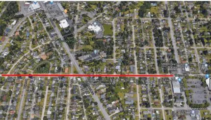Aerial map showing red line along West Illinois