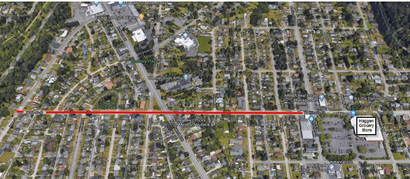 Aerial map showing red line along West Illinois