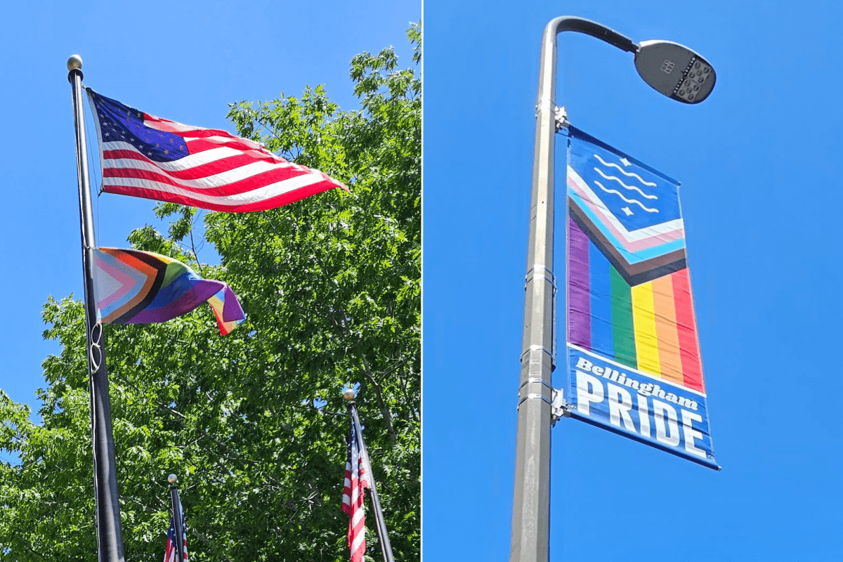 Two images side by side, left side image of rainbow Pride flag below American flag on flag pole, right side image of Bellingham rainbow Pride banner on street light