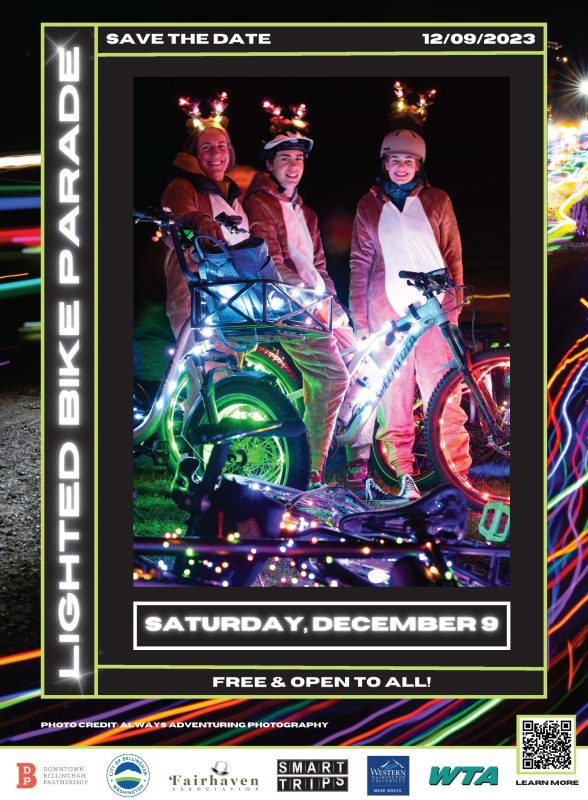 Light Bike Parade poster with people outside in costumes at night with colorful, lighted bikes. Text says Saturday, December 9. Free & open to all! Save the Date - 12/09/2023.