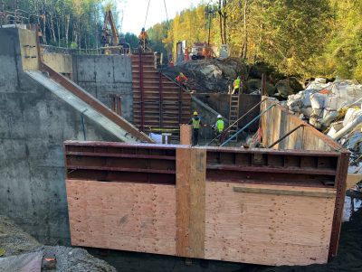 Laborers working on construction of seal cofferdam