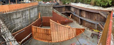 Panoramic view of new intake structure with river flowing in background