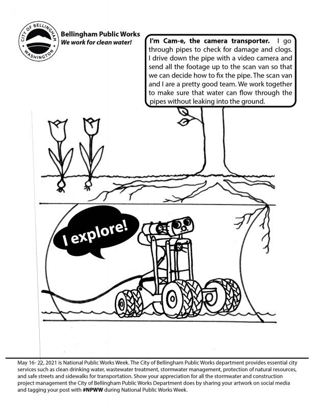 Coloring sheet with outline of a camera transporter underground on wheels saying "I explore!"