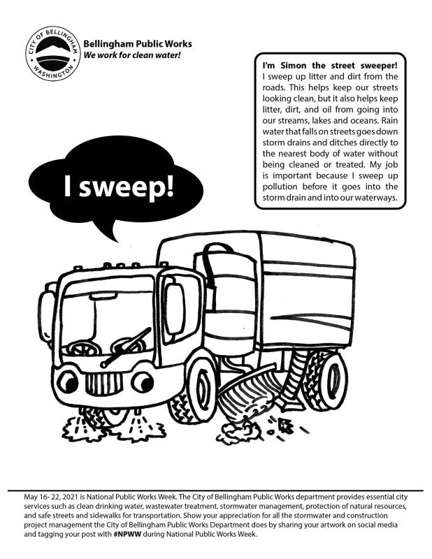 Coloring sheet with outline of a street sweeper truck saying "I sweep!"