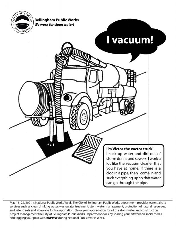 Coloring sheet with outline of a vactor truck saying "I vacuum!"