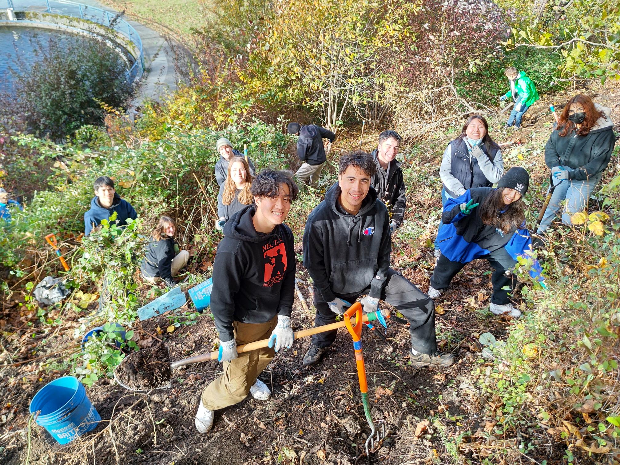 12 volunteers standing on a hillside pausing to smile while they remove invasive plants with various tools.