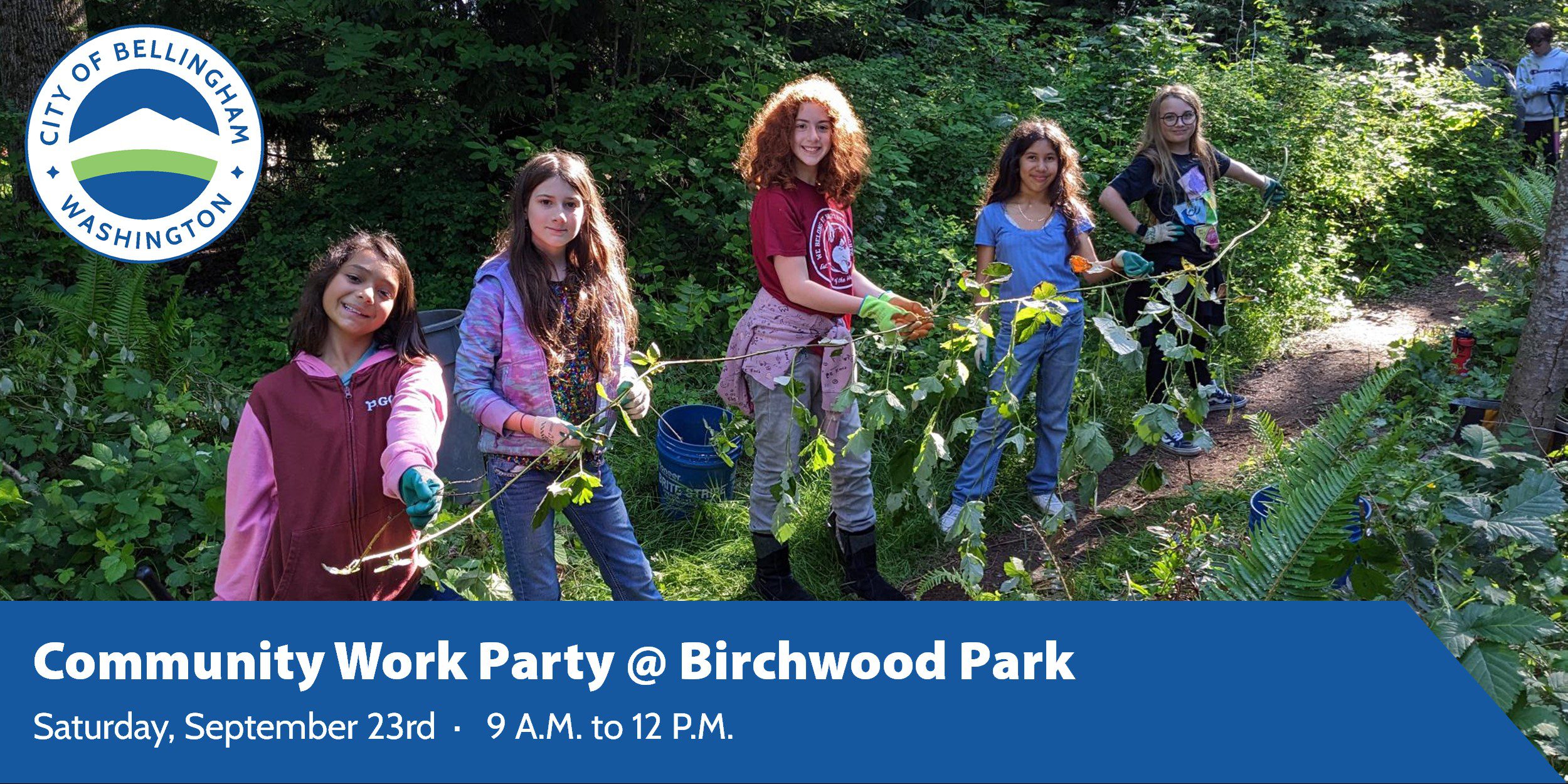 Kids holding up ivy they have removed. Text says work party at Birchwood Park. September 23rd from 9am to 12pm.
