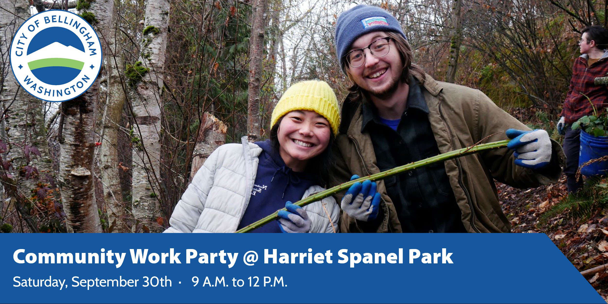Two volunteers smiling while holding a plant they removed. Text says community work party at Harriet Spanel Park. September 30th from 9am to noon.
