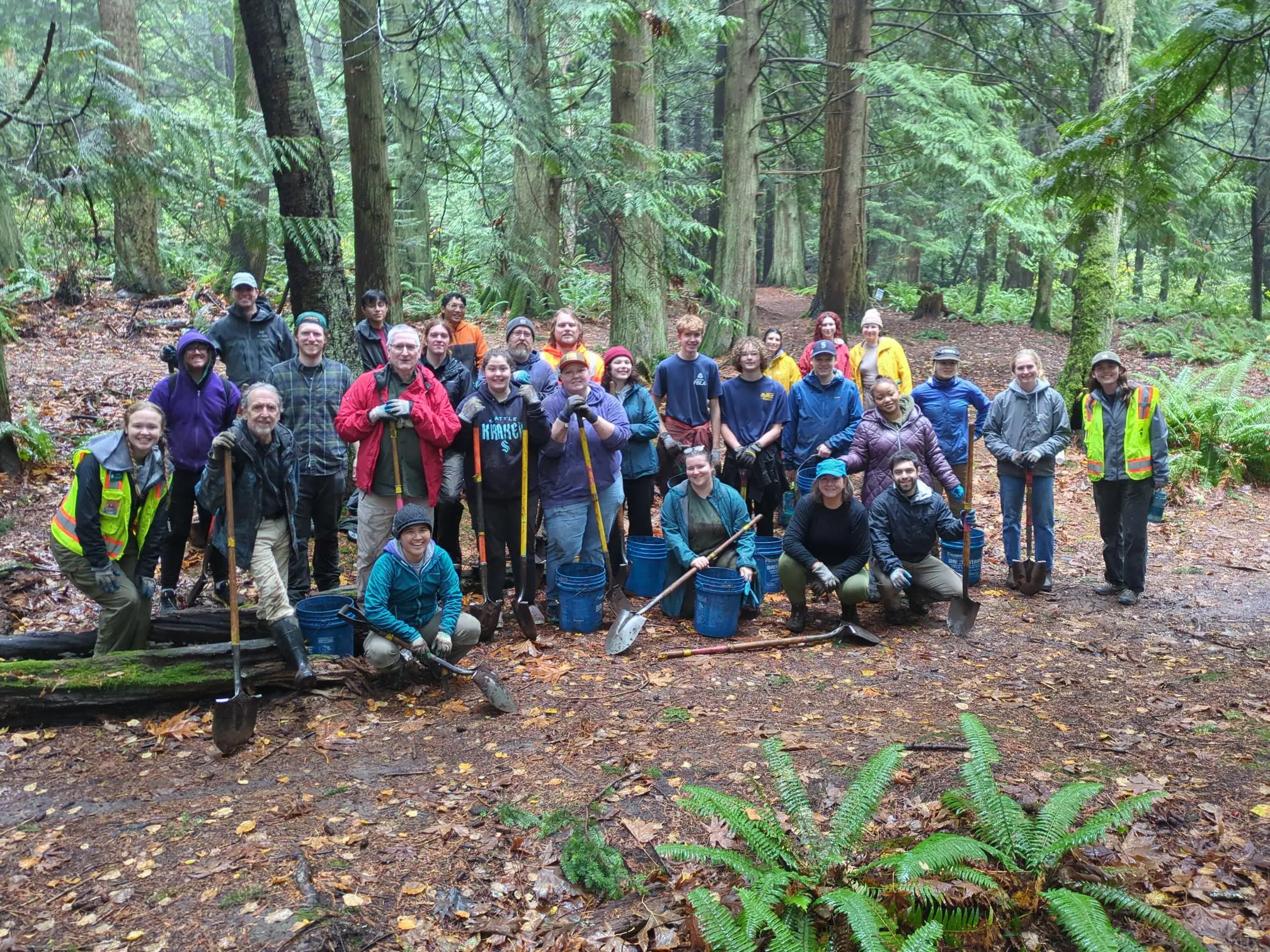 A large group of trail work volunteers in the woods