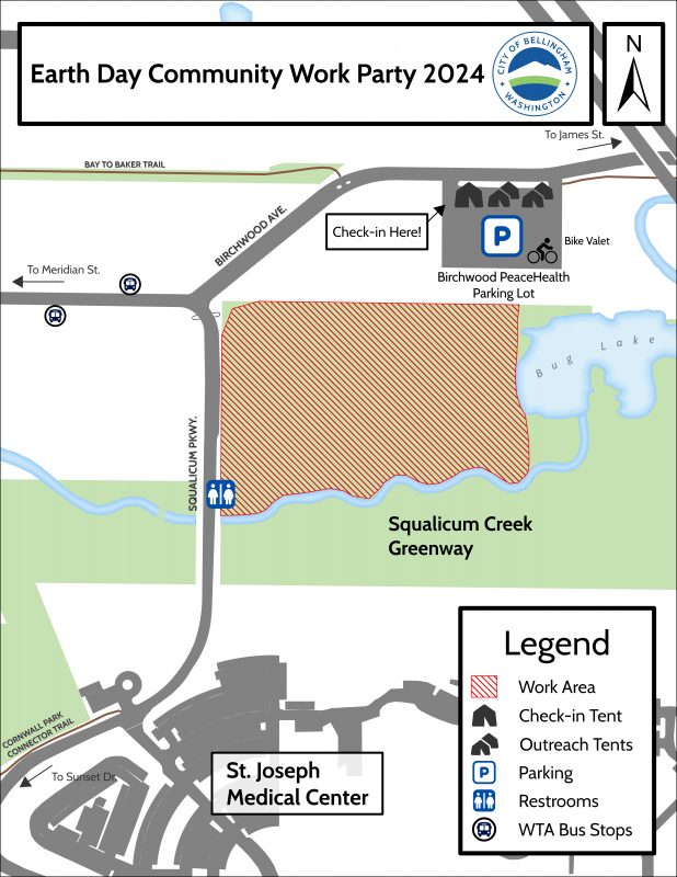 Map showing check-in for work party off of Birchwood Avenue in the Birchwood PeaceHealth parking lot. The work area is just south of the parking lot along Squalicum Creek.
