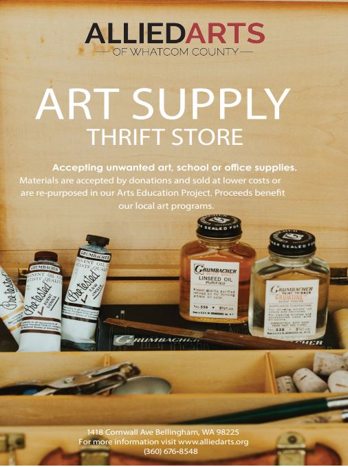 Poster with art supplies and text that says Art Supply Thrift Store