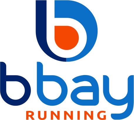 Red, white and blue logo for BBay Running shoe store.