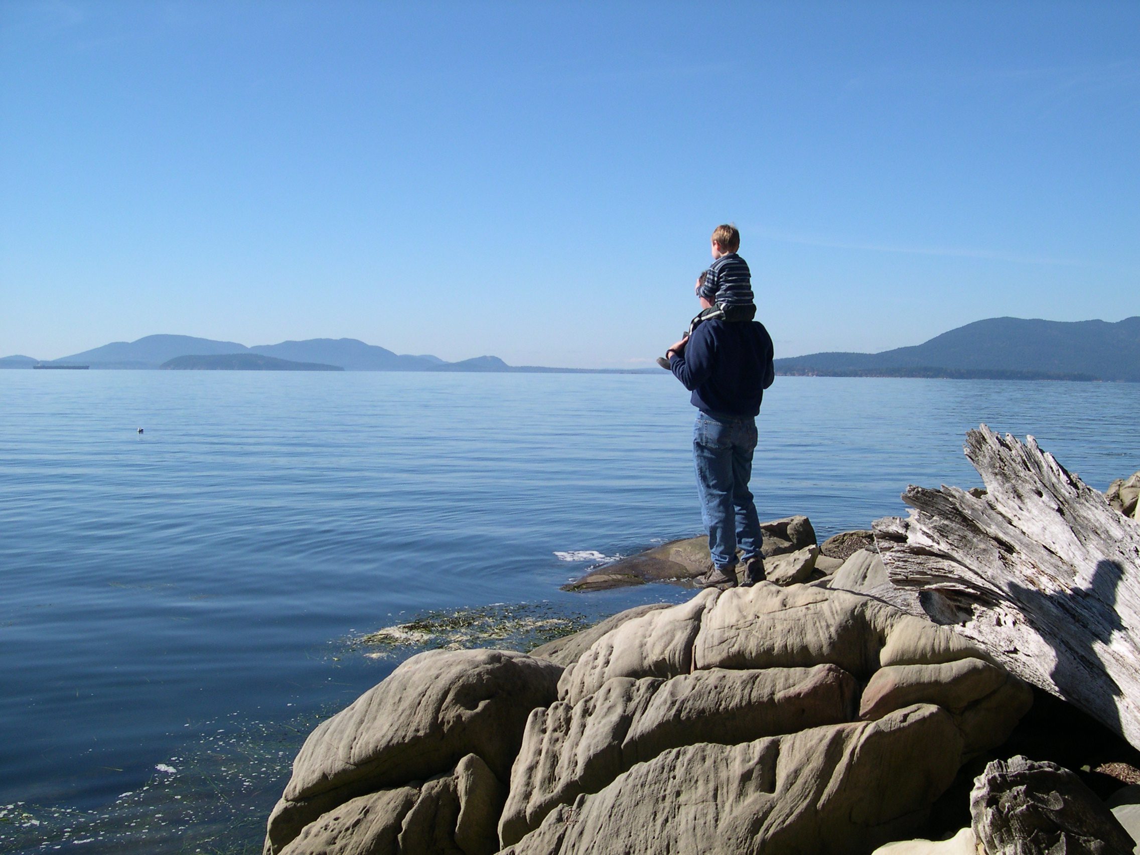 Adult with child on their shoulders standing on a rock looking out into Bellingham Bay.