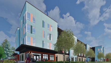 An artist rendering of the affordable housing development and childcare center is a multistory building