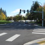 Traffic signal at intersection with trees lining the road