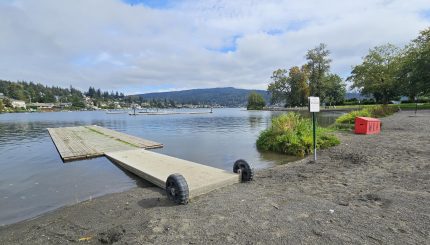 lakeside beach with wooden dock