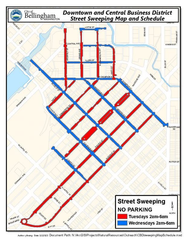 Map showing that North/South downtown streets are swept between 2am to 6am on Tuesdays and East/West downtown streets are swept between 2am to 6am on Wednesdays.