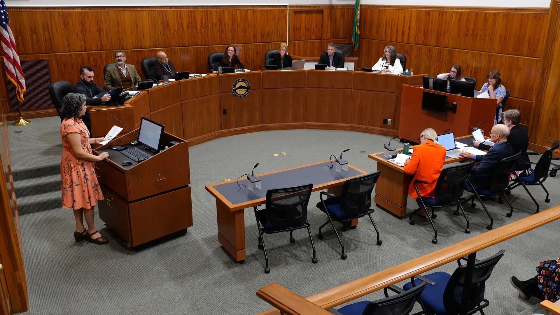 A picture of City Council meeting in Council Chambers.
