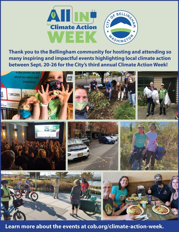 Thank you note showing the Climate Action Week logo and photos of people at events, such as kids holding up prizes, people volunteering outside, people holding a bag full of litter they picked up, people eating vegan food at a restaurant, and people on bikes. 