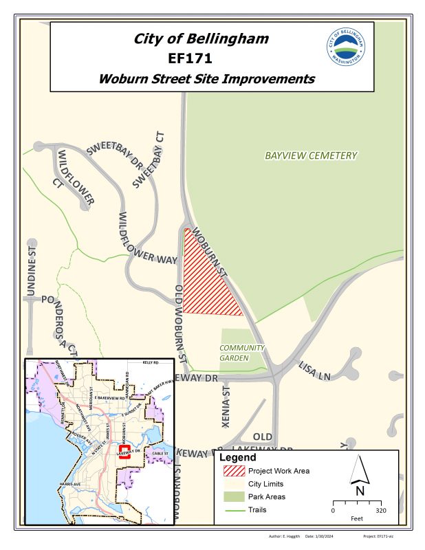 Map of project area showing property intersection of Woburn Street and Old Woburn Street. 