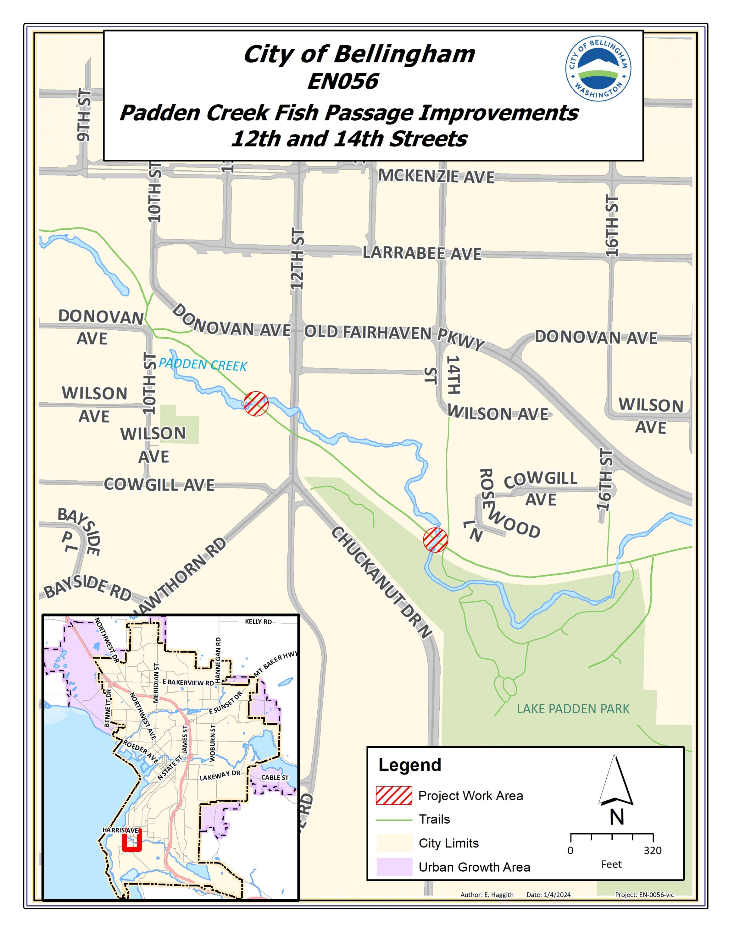 Map showing two project sites located on the interurban trail where Padden Creek crosses the trail.