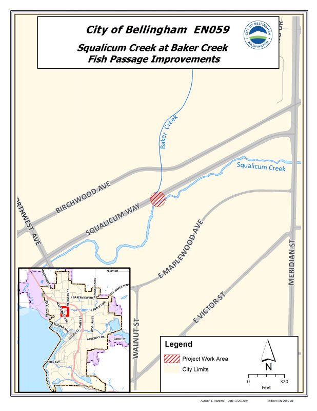 Map showing location of Squalicum Creek at Baker Creek Fish Passage Improvements project. The project area is under Squalicum Way right where Baker Creek enters Squalicum Creek.
