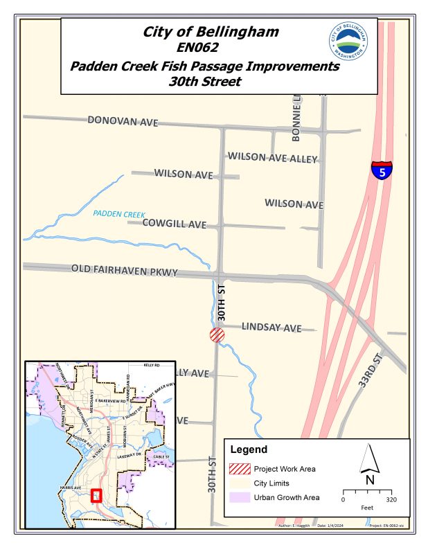 Map showing the location of the Padden Creek at 30th Street Fish Passage Improvement project, which is located on the map where 30th Street crosses over the creek. 