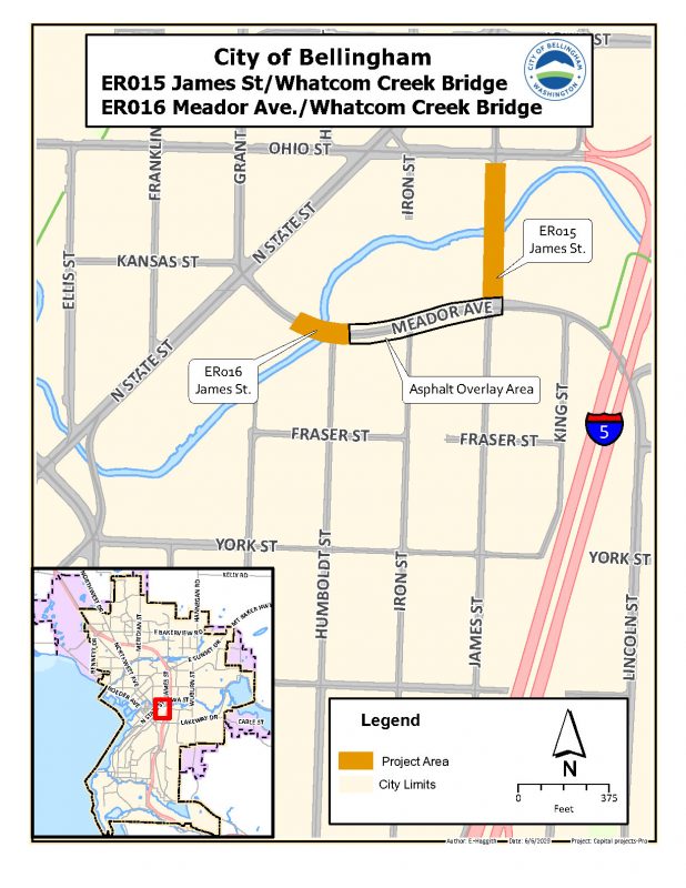 Map showing location of two bridges to be replaced on Meador Avenue and James Street.