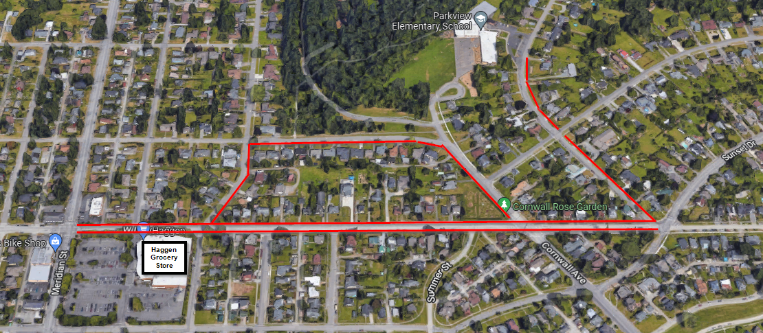 Aerial map showing red lines where the project work will take place. Red lines extend from the Meridian Haggen area to Parkview Elementary School.  