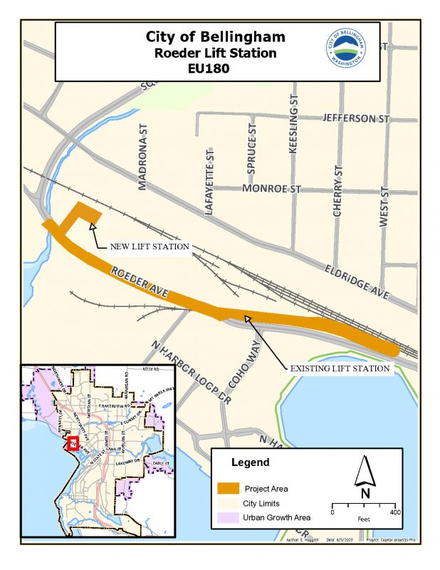 Map graphic showing project area along Roeder Ave near the intersection of Squalicum Way. The project is within city limits.