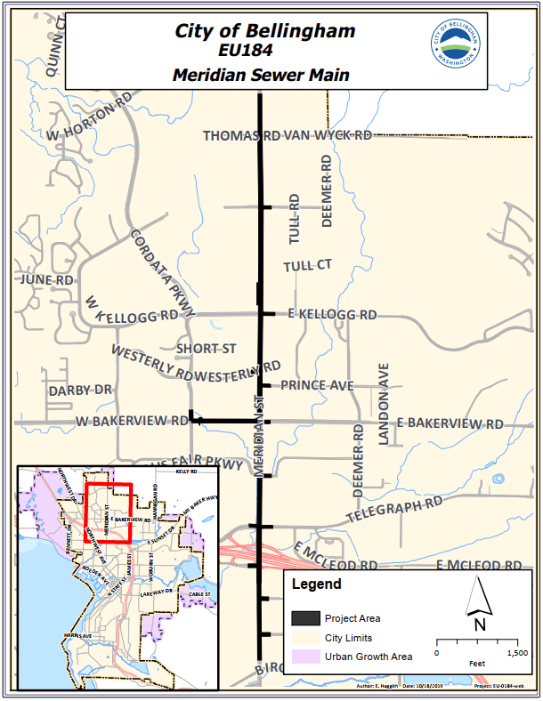 Map showing highlighted project area along Meridian Street from approximately Van Wyck Road to Orchard Street.