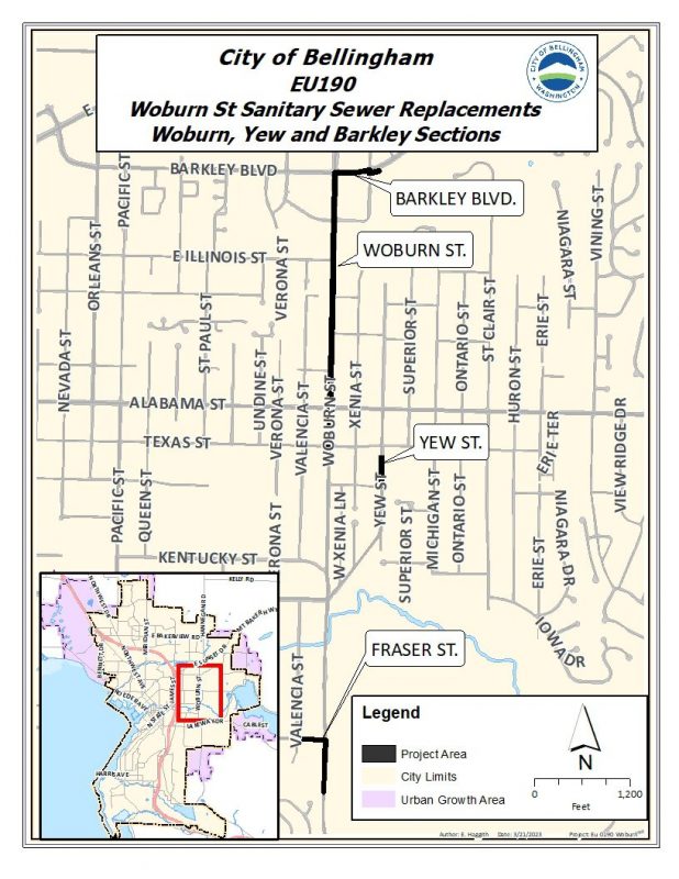 Map showing where project impacts are located, which includes sections of Barkley and Woburn where the two streets intersect, a section of Woburn and Fraser where they intersect, and a small section of Yew Street south of Alabama Street. 