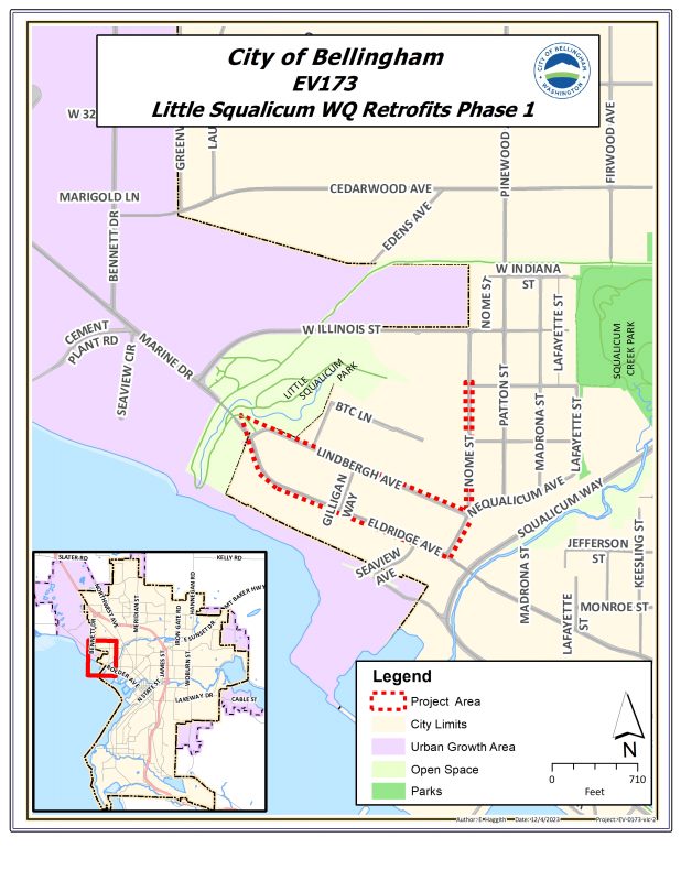 Map showing the EV173 Little Squalicum Water Quality Retrofits project area on Eldridge Avenue, Lindbergh Avenue, and Nome Street.