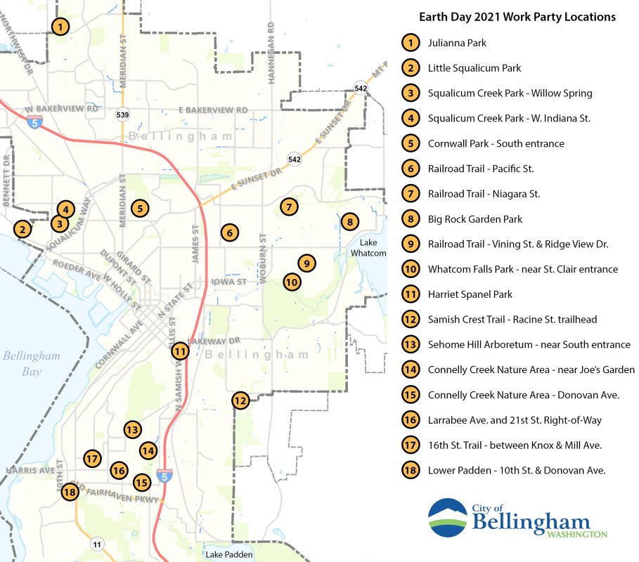 Map of Bellingham showing 18 work party locations at various parks and natural areas