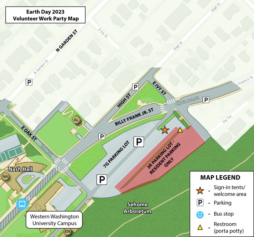Map showing location of Earth Day 2023 work party. Sign-in is located in the 7G parking lot near the intersection of Billy Frank Jr. Street and East Ivy Street. Parking is available in the 7G lot or along nearby streets.