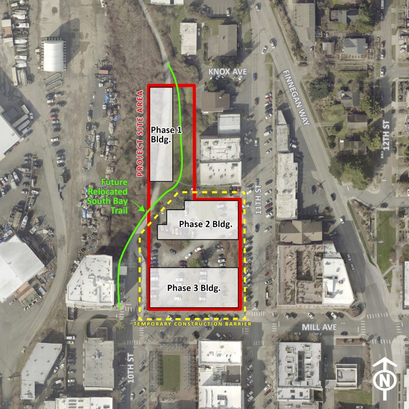 Map showing where construction will occur during each phase of the Fairhaven Center project.