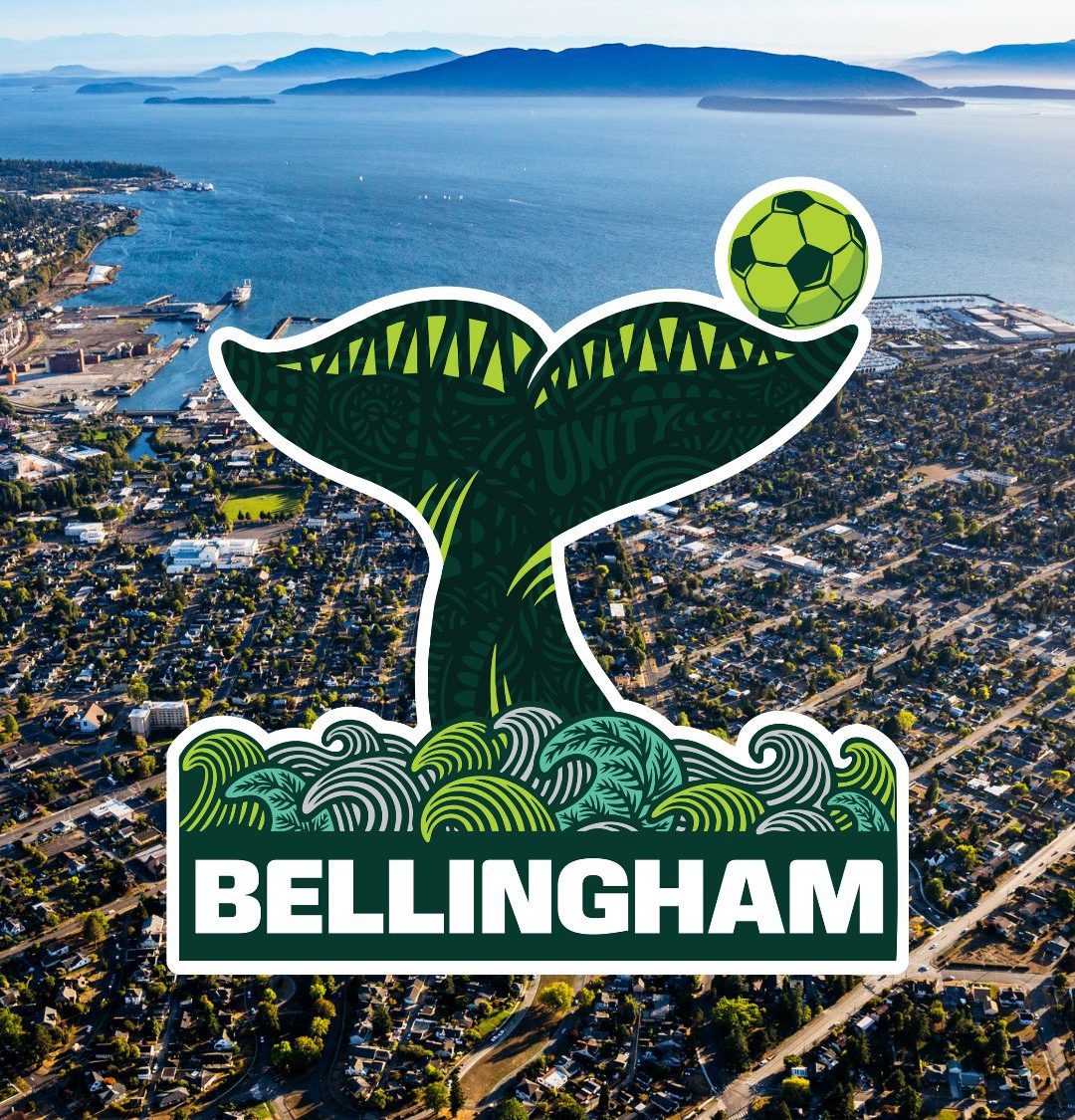 The Bellingham Fan Zone logo, an illustrated whale tail kicking a soccer ball, overlays an aerial view of Bellingham and the bay.