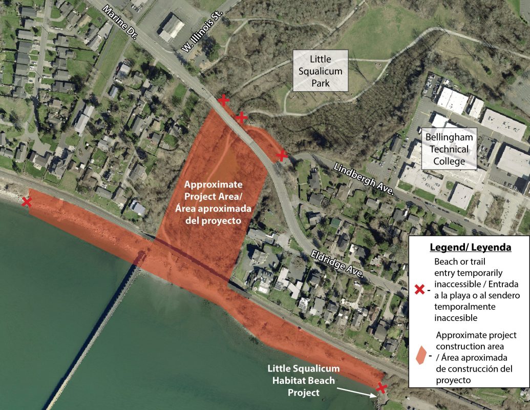 Map with red area showing where Little Squalicum Park will be inaccessible during estuary construction. Little Squalicum Beach and the lower part of Little Squalicum Park will be inaccessible through December 2022. 