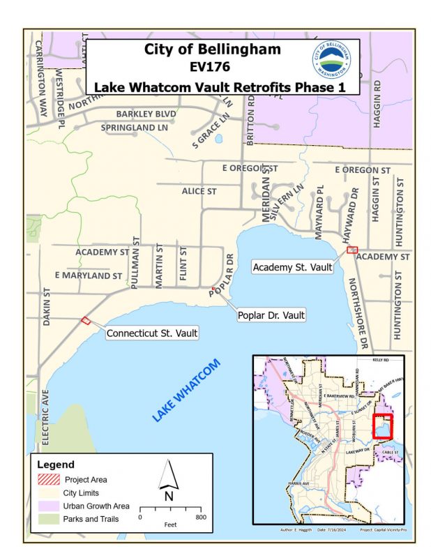 Map showing where three stormwater facilities will be retrofitted along Lake Whatcom - one on Connecticut Street, one on Poplar Drive, and one on Academy Street.