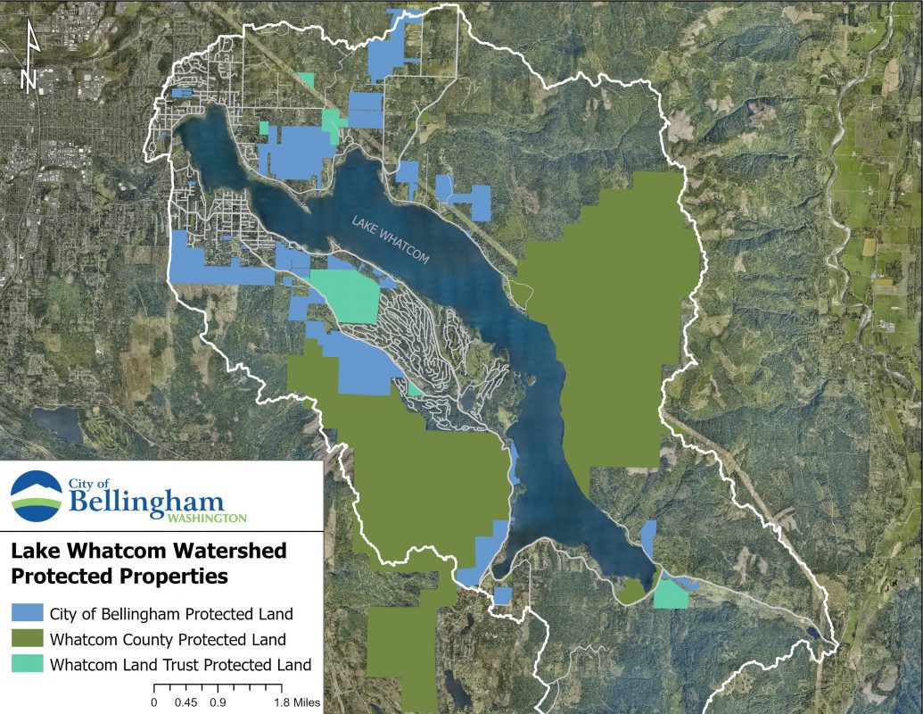 Map showing Lake Whatcom watershed. Areas around the lake are highlighted to show which land is protected by the City, Whatcom County, or Whatcom Land Trust.