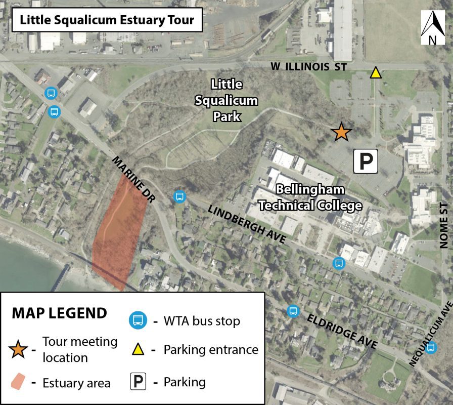 Map showing Little Squalicum Park entrance from the Bellingham Technical College parking lot off of West Illinois Street. 