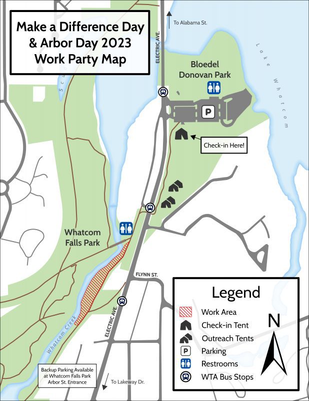 Map that shows parking is available in Bloedel Donovan Park. Work party site is in north end of Whatcom Falls Park. There are bus stops along Electric Ave. 
