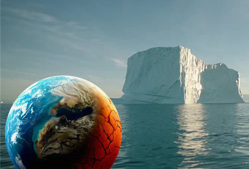 Iceberg in background with planet earth in the foreground. Part of earth is red and arid.