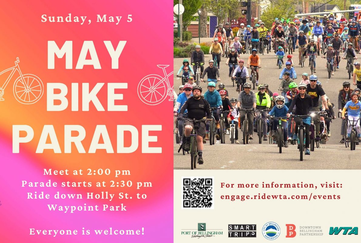 Плакат с фотографиями велосипедистов с надписью «Майский велопарад», воскресенье, 5 мая. Встреча в 2:2, парад начнется в 30:XNUMX.