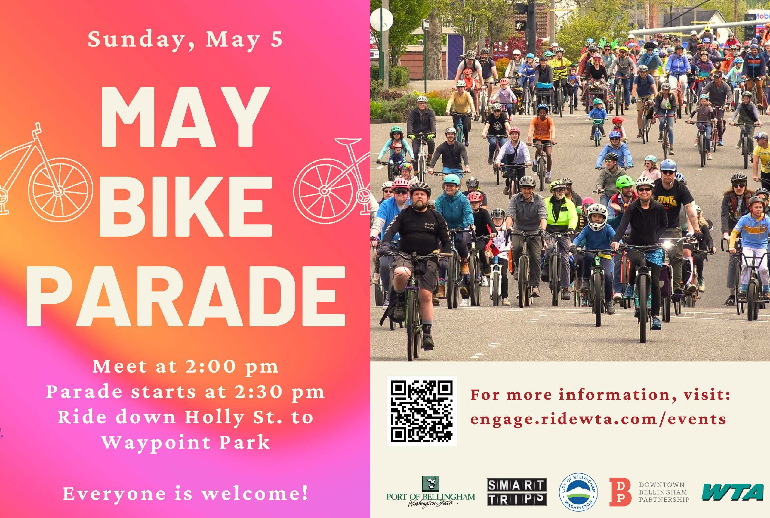 Poster with photos of cyclists that says May Bike Parade, Sunday, May 7. Meet at 2pm, parade starts at 2:30pm.